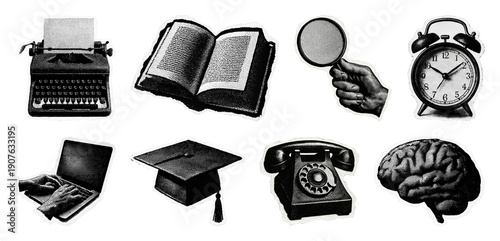 PNG Vintage objects in monochrome style on transparent background