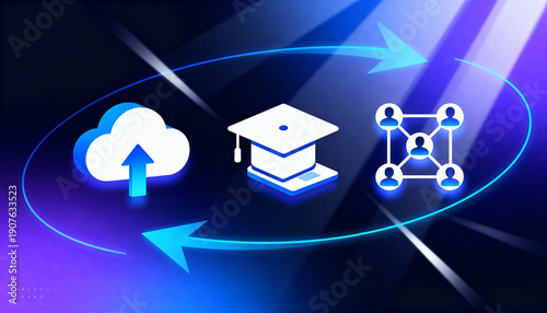 Cloud Education Network: An abstract graphic featuring a cloud, a graduation cap, and a network symbol, connected by circular arrows, representing the synergy of online education, digital learning.