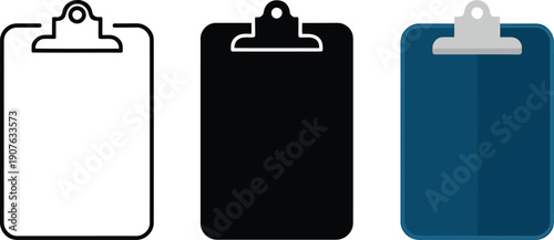 Three different styles of clipboards in a simple flat design with clean outlines and solid fills
