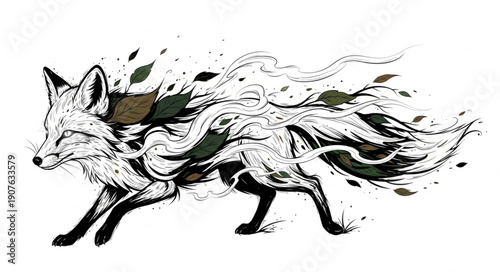 Stylized Fox Illustration with Flowing Mane and Leaves.