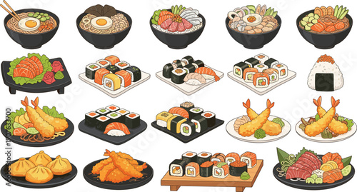 Large set of traditional Japanese cuisine featuring assorted sushi rolls sashimi ramen bowls tempura and onigiri for restaurant menu vector illustration