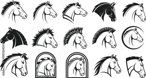 Collection of various horse head silhouette illustrations and designs