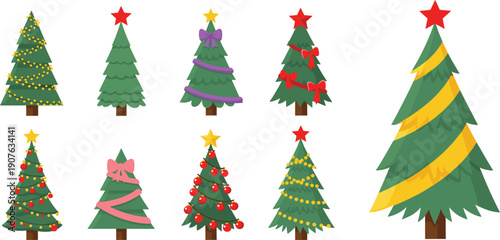 Set of Various Decorated Christmas Tree Vector Icons with Festive Red Stars, Golden Garlands, Pink Ribbons, and Colorful Baubles for Winter Holiday Design Projects