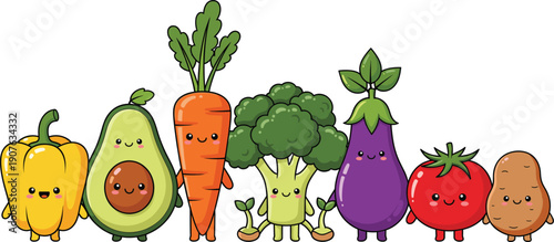 Set of cute kawaii garden vegetable characters including bell pepper avocado carrot broccoli eggplant tomato and potato vector illustration