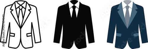 Three different style icons representing a formal business suit with a shirt and tie isolated on transparent background