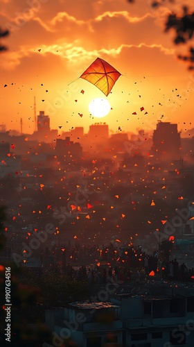 Single orange kite flies high above city skyline at sunset kites flying photo