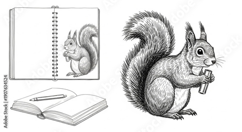 Squirrel sketch and drawing materials.