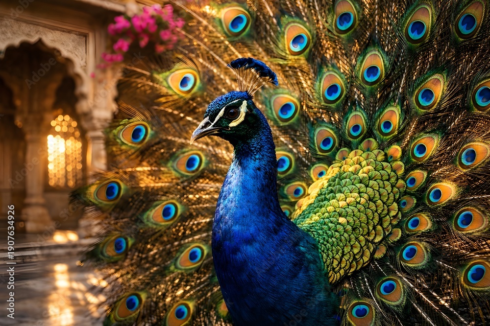 Fototapeta premium Majestic peacock fanning feathers in an ornate Indian palace courtyard