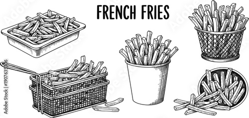 Vintage French Fries Illustration Set with Hand Drawn Crispy Potato Fries in Baskets, Cups, and Containers for Restaurant and Food Design Projects