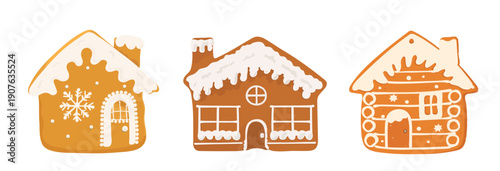 Set of cartoon Christmas Gingerbread cookies. Cute vector hand drawn illustration of holiday icons - ginger bread house isolated on white background.