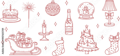 Vintage Red Hand-Drawn Christmas Element Set Featuring Sleigh with Gifts, Snow Globe, Champagne, Festive Cake, Candle, and Decorated Tree for Classic Holiday Cards and Elegant Winter Designs