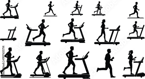 Running treadmill silhouette set showing men and women exercising indoor fitness workout poses isolated on white background illustration vector design