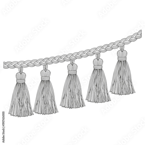 Elegant tassel trim with intricate braiding isolated on a white background, showcasing detailed craftsmanship and symmetrical arrangement