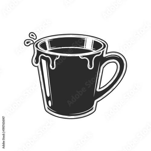 Illustration of a black cup filled with buttermilk, isolated on a white background with dripping details and splash effect