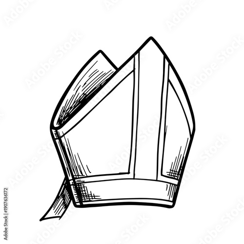 Intricately sketched bishops hat isolated on a crisp white background, showcasing detailed line work and elegant design in monochrome style