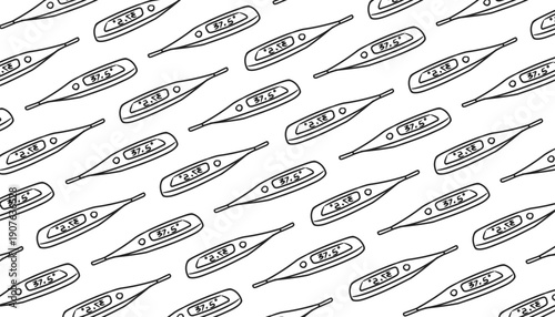 Seamless Pattern with Medical Thermometer Outline. Hand Drawn Healthcare Background. Black and White Medical Vector Illustration for Clinic, Pharmacy, Fabric, and Wallpaper