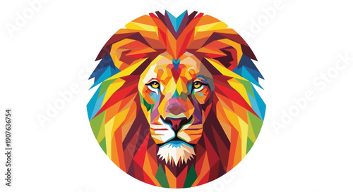 Vibrant lion head with multicolored mane and face abstract animal illustration