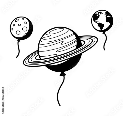 Black and white balloons shaped like Saturn Earth and Moon floating white background