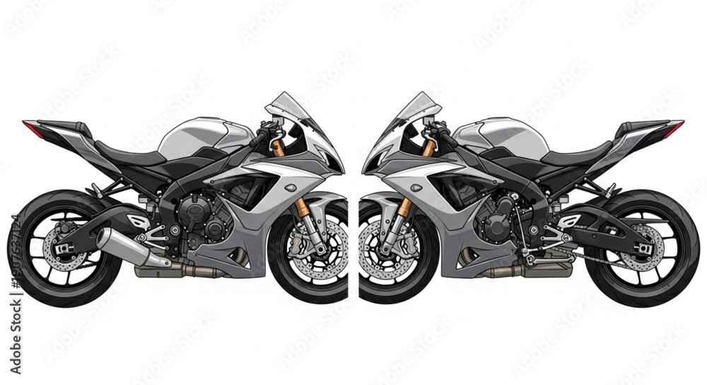 Obraz premium Two Sport Motorcycles Mirrored on White Background.