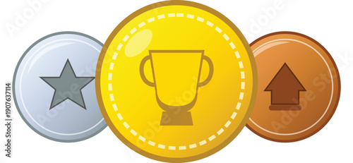 Three Gaming Ranking Badges: Gold Trophy, Silver Star, Bronze Award