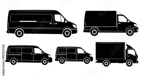 Various Black Silhouette Commercial Vans and Trucks Collection.