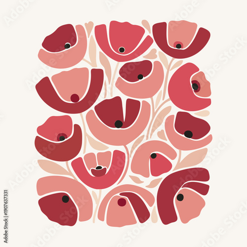 Abstract Red Poppy Flowers Composition on Light Background