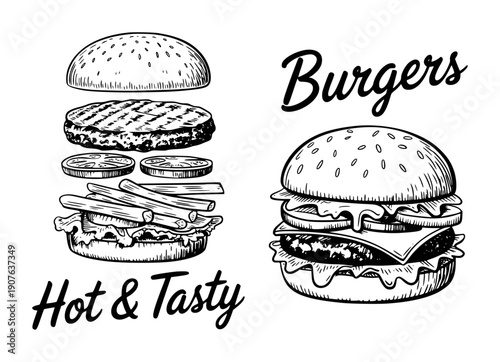 Hand Drawn Burger Ingredients and Finished Burger White Background food black