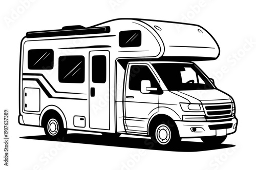 Line of a white recreational vehicle motorhome with sleeping area above cab camper
