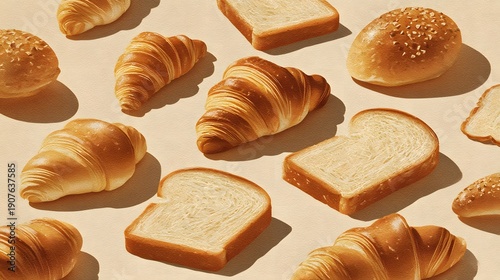 Assortment of Freshly Baked Croissants and Sliced Bread on a Light Background.