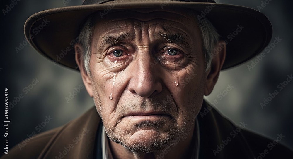 Fototapeta premium Close-up portrait of an elderly man with tears streaming down his face, wearing a hat and coat.
