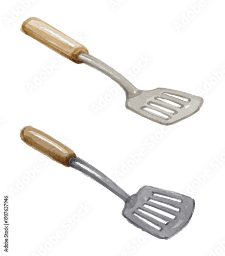 Hand painted watercolor spatula wooden handle isolated