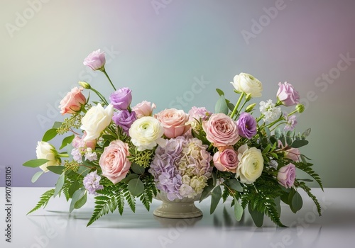 Beautifully arranged floral display centerpiece featuring soft pastel blooms and lush green foliage, perfect for an elegant celebratory event background, lush, delicate, event