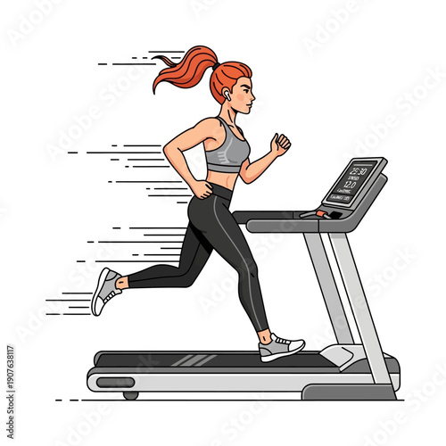 Athletic woman with red ponytail vigorously running on a modern treadmill machine during an intense indoor cardio workout session