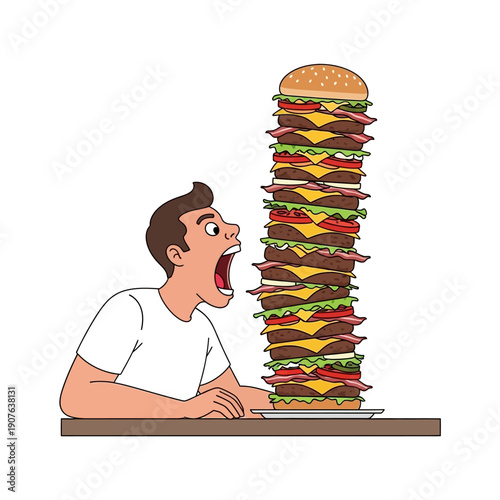 Astonished man stares open-mouthed at an impossibly tall, multi-layered hamburger stack featuring many beef patties, cheese, bacon, lettuce, and tomato slices.