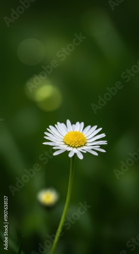 Beautifully detailed photograph of a solitary common daisy flower flourishing in a meadow, highlighted by natural sunlight and green bokeh, vibrant, spring, blossom