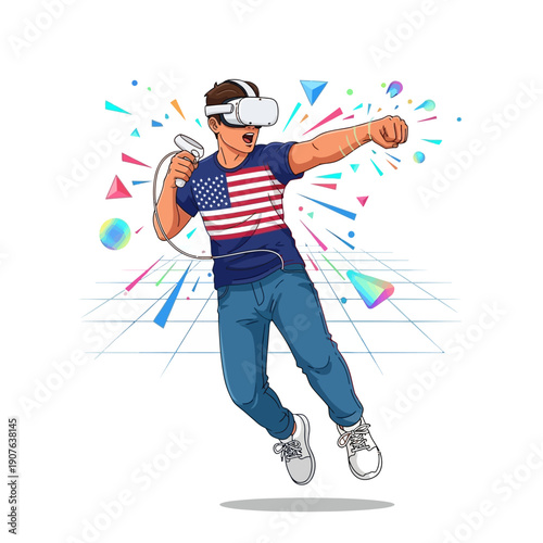 Energetic young man wearing an American flag t-shirt enthusiastically engages in virtual reality boxing using a white headset and handheld controller, demonstrating immersive active gaming.
