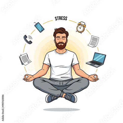 Bearded man meditating calmly in lotus position while juggling various modern work and life stressors to achieve mental balance and inner peace