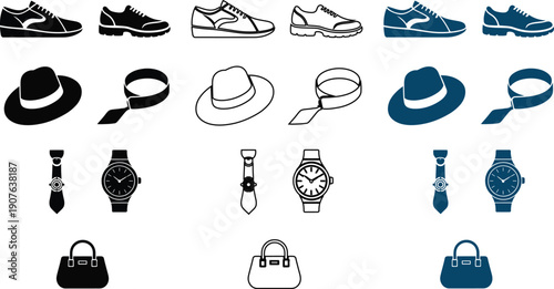 Assortment of men's fashion accessories and footwear in solid and outline styles