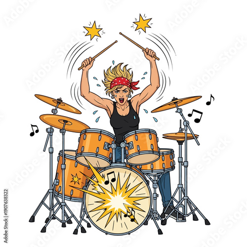 Energetic female drummer with blonde hair wearing a red bandana plays intensely on a full acoustic drum kit with passion and sweat.