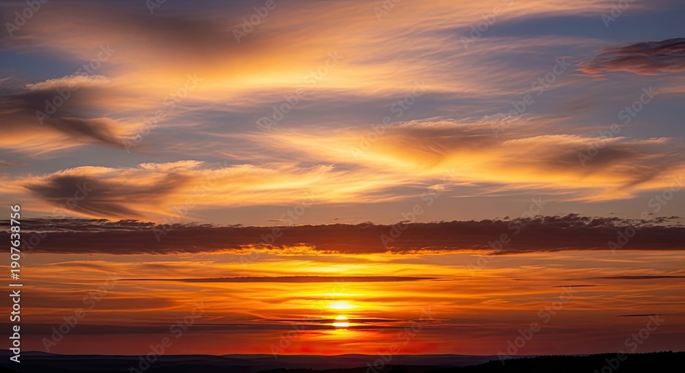 Obraz premium Vibrant Sunset Horizon with Colorful Clouds and Warm Orange Sky.