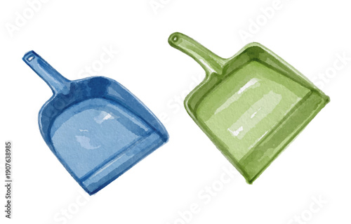 Watercolor blue and green dustpan isolated on white background
