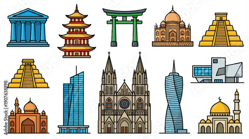 Collection of famous landmarks and buildings from around the world in cartoon style