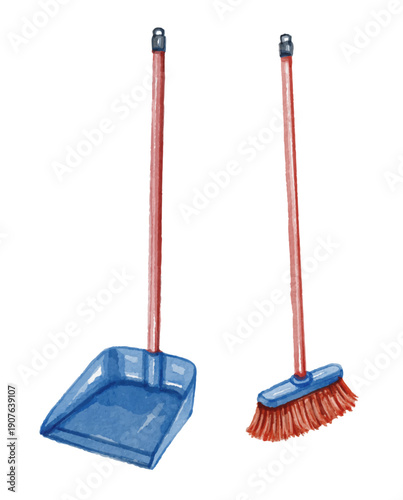 Hand painted watercolor plastic broom and dustpan isolated