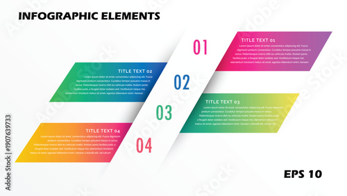 4-Step Diagonal Infographic Template. Vector Presentation Slide Featuring Parallelogram Banners with Overlapping Center Path and Vibrant Gradient Colors