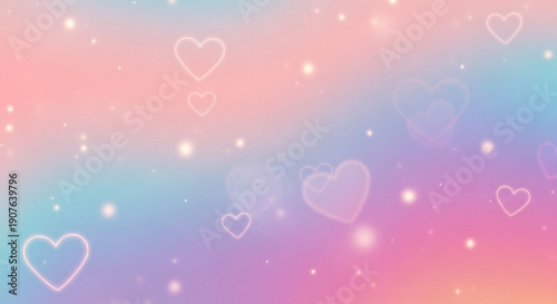 A colorful vector graphic illustration of a pastel rainbow background with hearts and sparkles