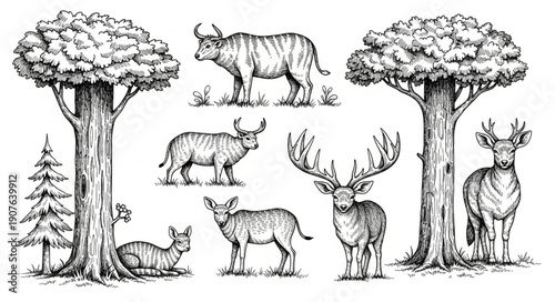 Vintage Forest Animals and Trees Sketch Collection.