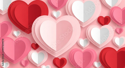 A colorful illustration of various sized hearts in shades of pink, red, and white, arranged in a playful and romantic pattern.