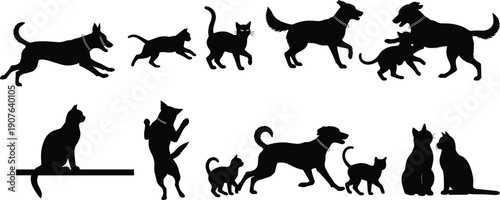 Dog and cat silhouettes collection, playful pets running jumping sitting vector illustration set domestic animals companionship's icons