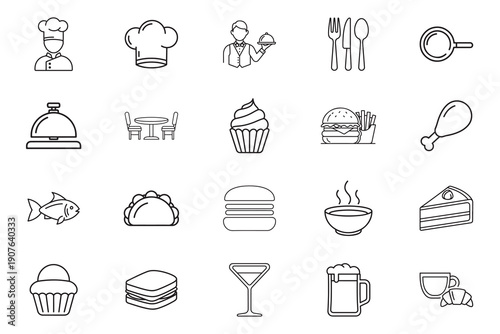 Restaurant web line art icon set. Food, meal, fish, delivery, cooking, fast food, collection. Vector illustration.