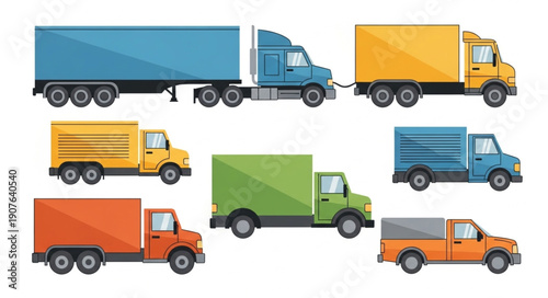 Various types of trucks and delivery vehicles illustrated.